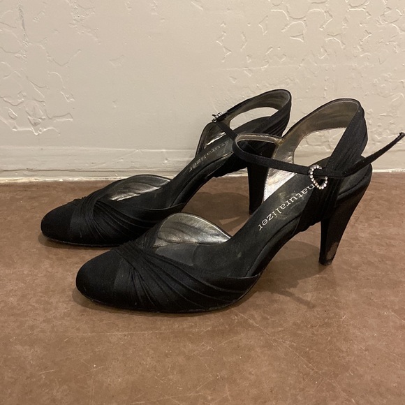 Naturalizer black satin closed toe heel with ankle strap. - Picture 4 of 7